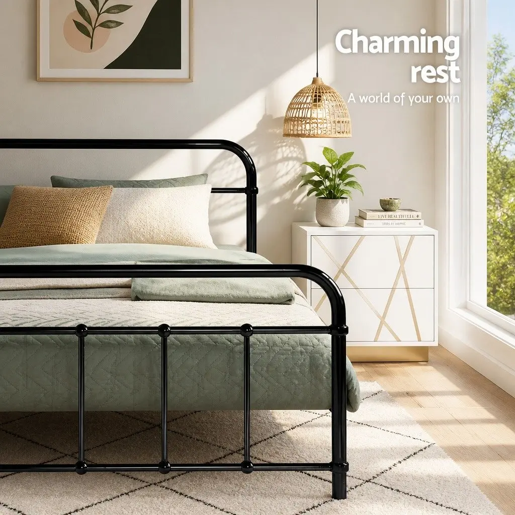 Queen Metal Bed Frame Powder-Coated Steel Country Style Black