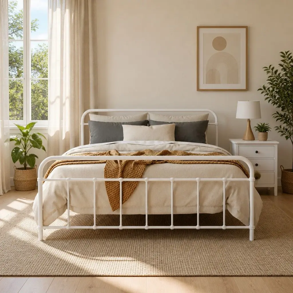 Queen Metal Bed Frame White Powder-coated Steel Slat Support with Underneath Storage