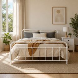 Queen Metal Bed Frame Country Style White Steel Slat Support Storage Underneath
