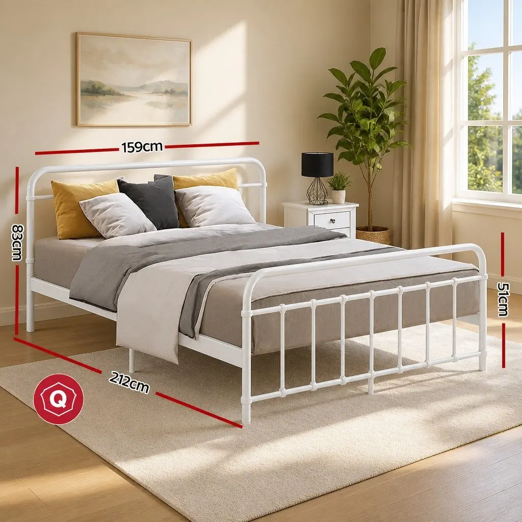 Queen Metal Bed Frame White Powder-coated Steel Slat Support with Underneath Storage