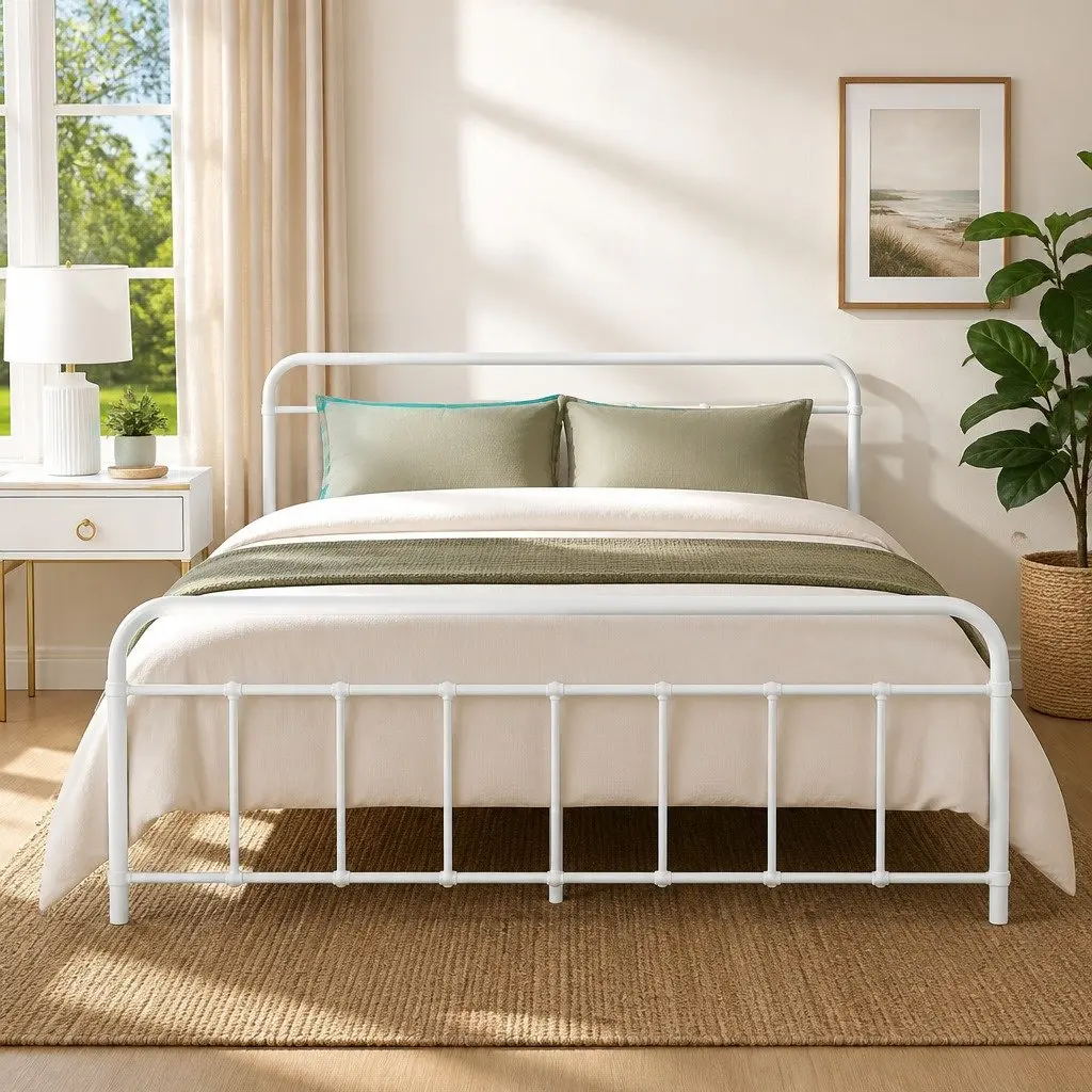 Queen Metal Bed Frame White Powder-coated Steel Slat Support with Underneath Storage