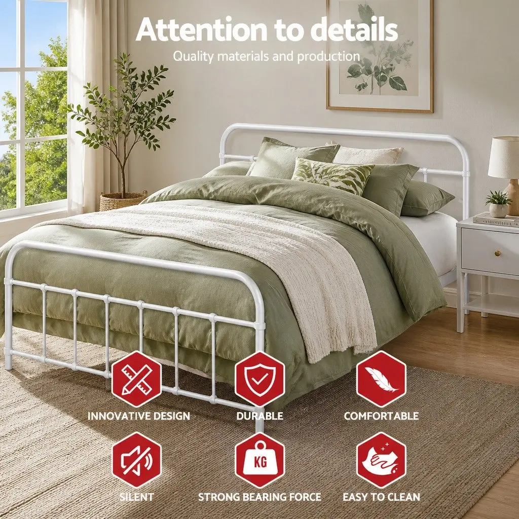 Queen Metal Bed Frame White Powder-coated Steel Slat Support with Underneath Storage