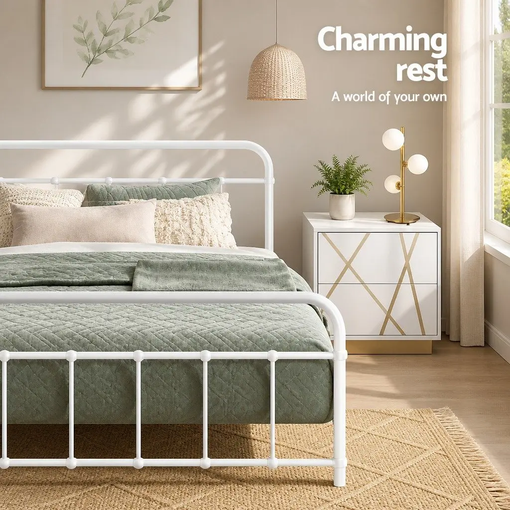 Queen Metal Bed Frame White Powder-coated Steel Slat Support with Underneath Storage
