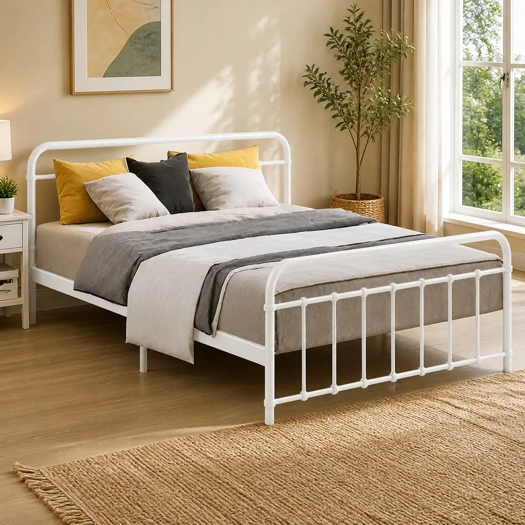 Queen Metal Bed Frame White Powder-coated Steel Slat Support with Underneath Storage