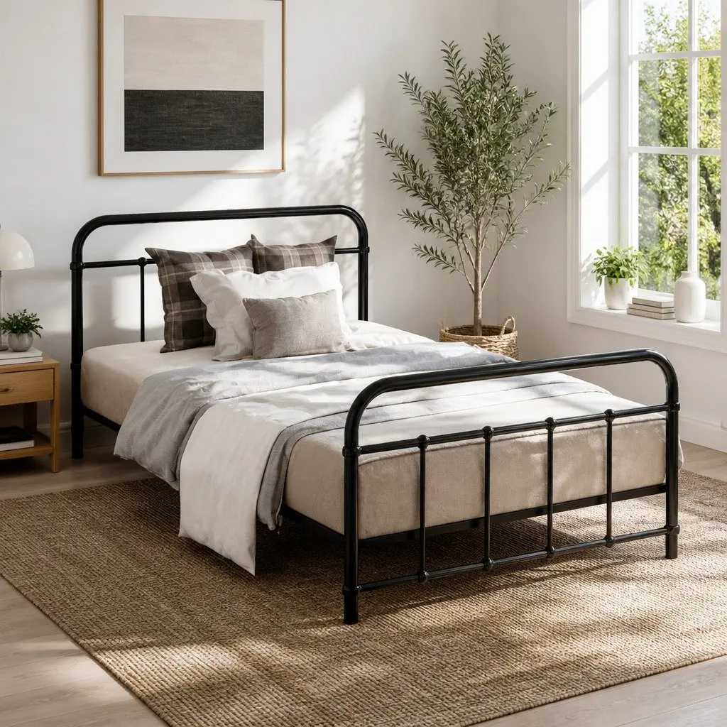 Single Metal Bed Frame Steel Black Country Style Suitable for Standard Single Mattress