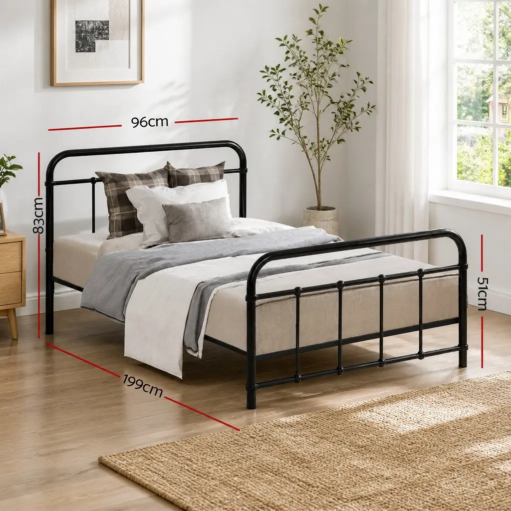 Single Metal Bed Frame Steel Black Country Style Suitable for Standard Single Mattress