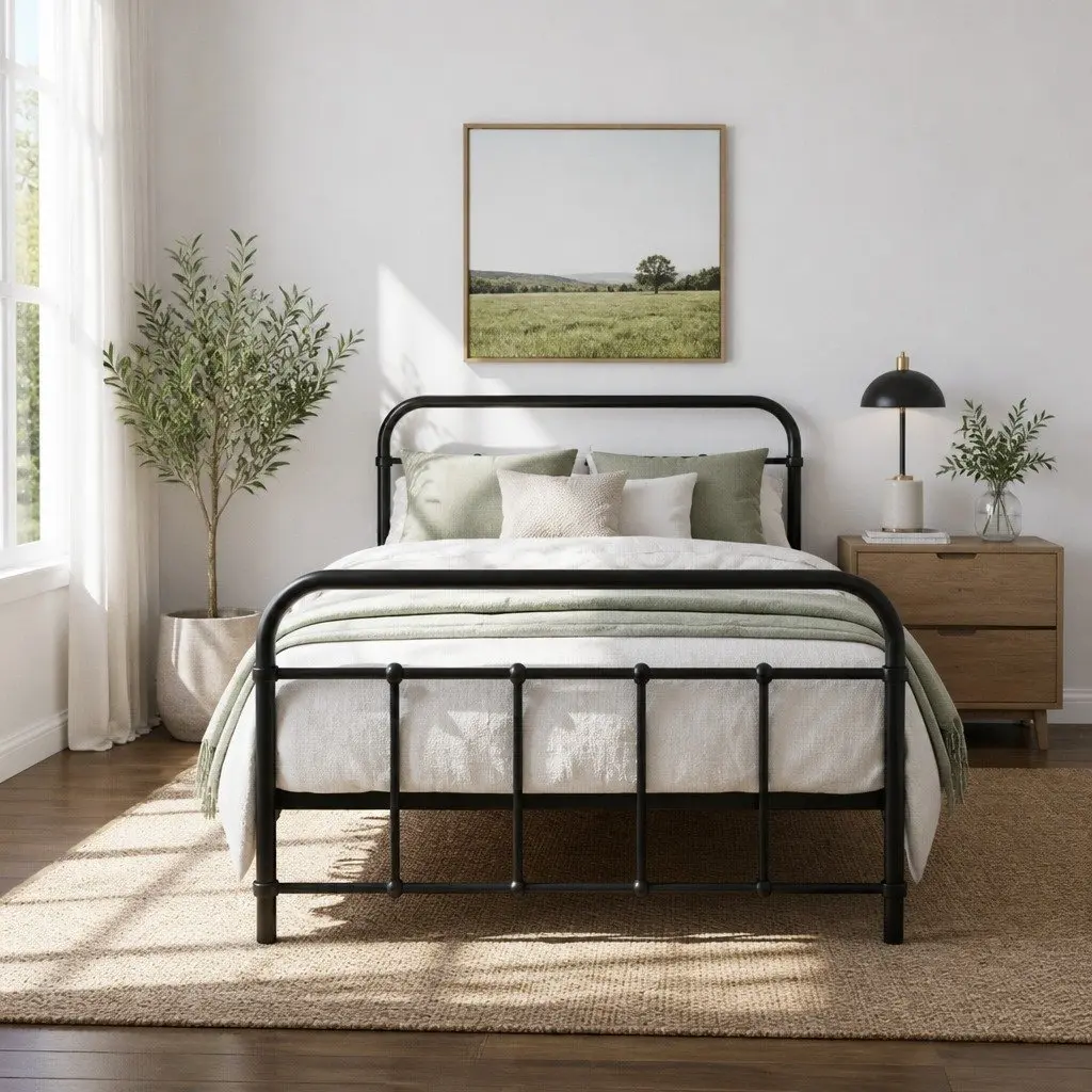 Single Metal Bed Frame Steel Black Country Style Suitable for Standard Single Mattress