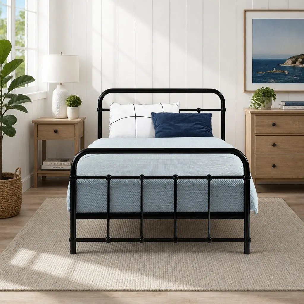 Single Metal Bed Frame Steel Black Country Style Suitable for Standard Single Mattress