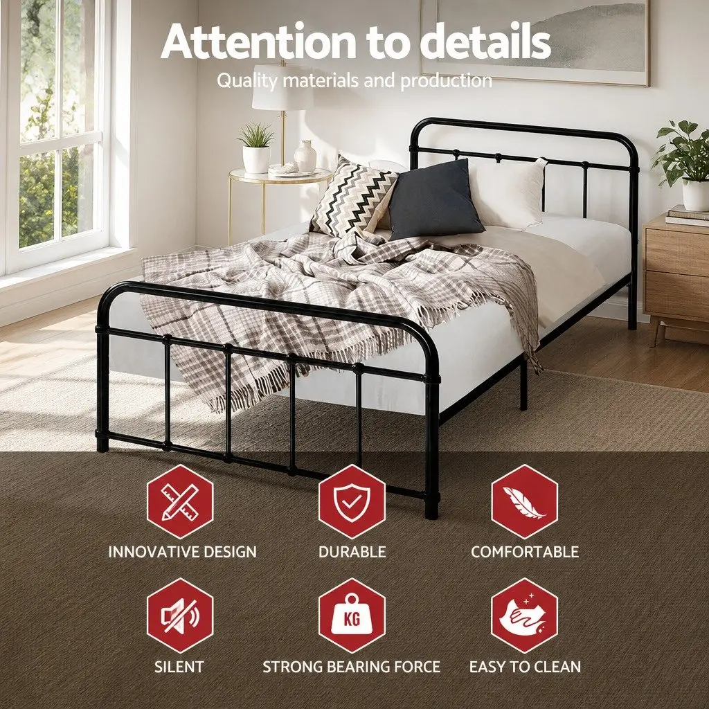 Single Metal Bed Frame Steel Black Country Style Suitable for Standard Single Mattress