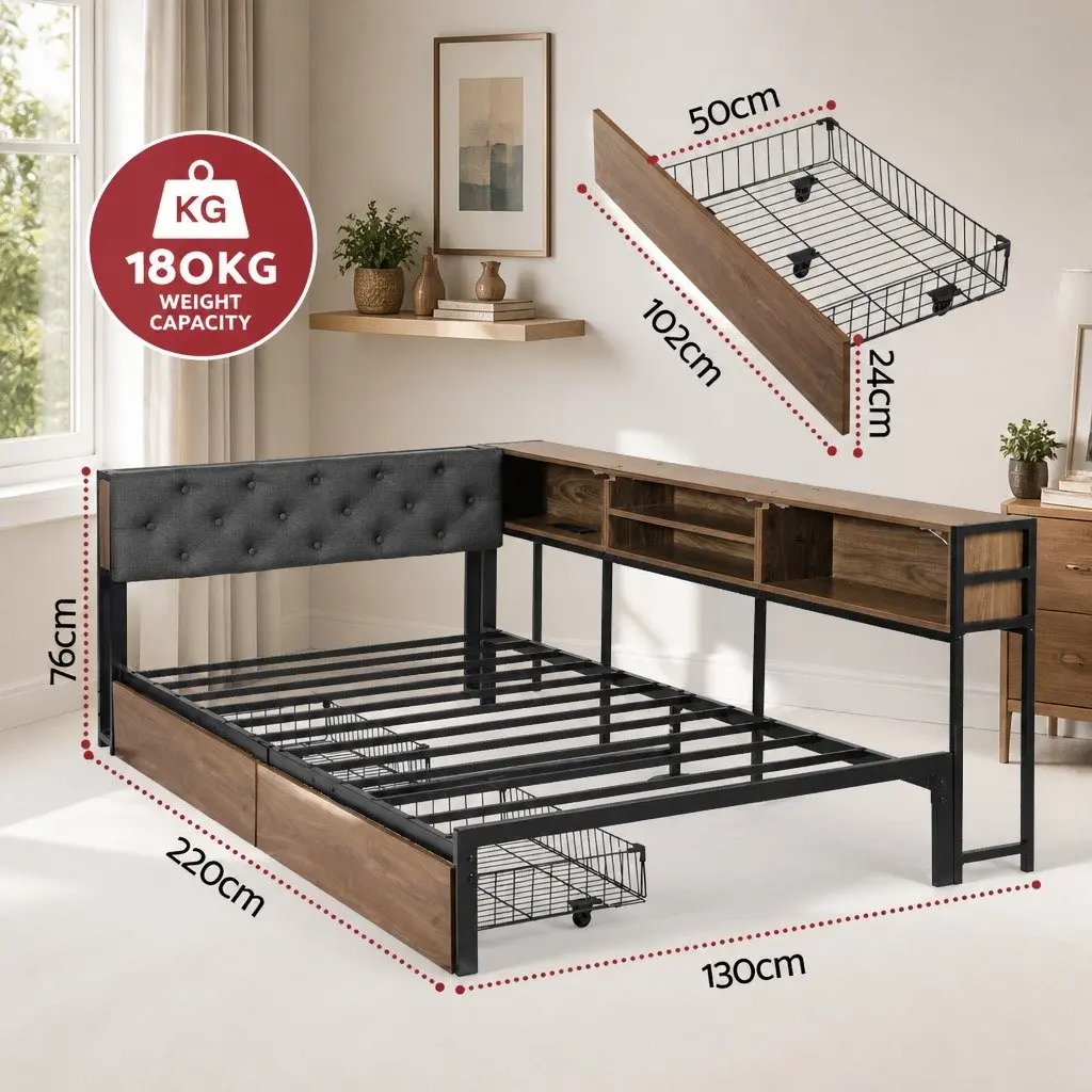 King Single Bed Frame Metal Construction with Storage Drawers and Charging Station Black Walnut