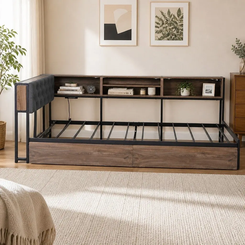 King Single Bed Frame Metal Construction with Storage Drawers and Charging Station Black Walnut