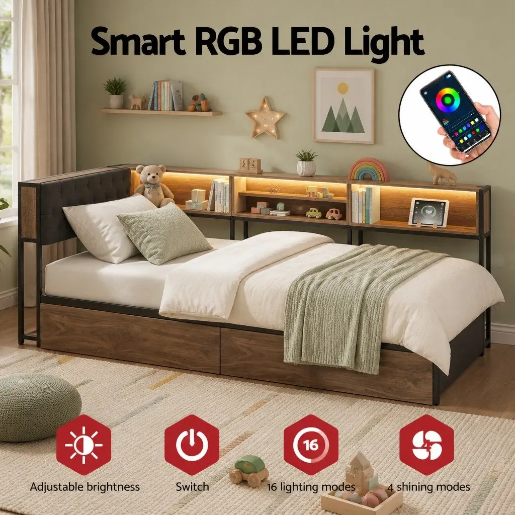 King Single Bed Frame Metal Construction with Storage Drawers and Charging Station Black Walnut