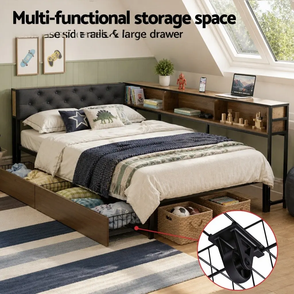 King Single Bed Frame Metal Construction with Storage Drawers and Charging Station Black Walnut
