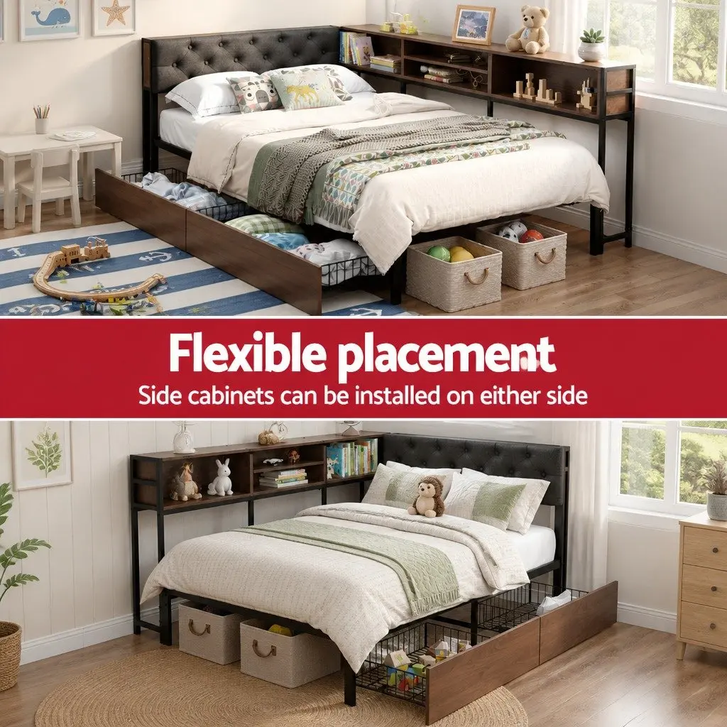 King Single Bed Frame Metal Construction with Storage Drawers and Charging Station Black Walnut