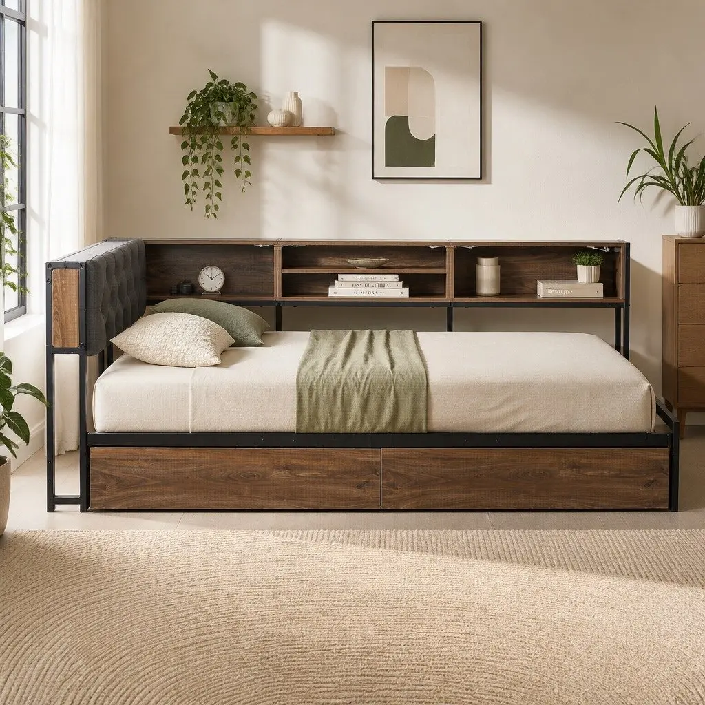 Single Bed Frame with Storage Drawers Charging Station Metal Base Bedroom