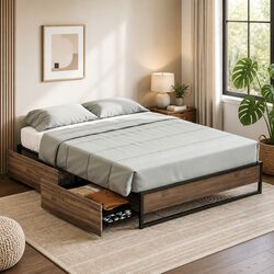 Double Bed Frame Metal Base with 2 Storage Drawers Industrial Design Bedroom