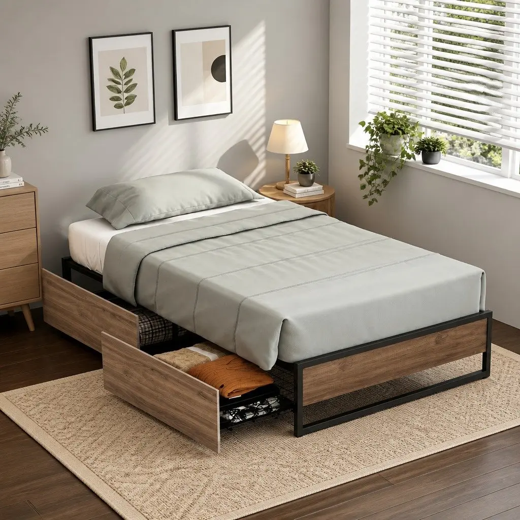 King Single Metal Bed Frame Powder-Coated Steel with Storage Drawers Black and Dark Wood Accents