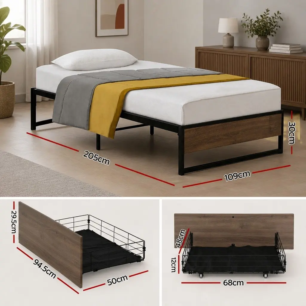 King Single Metal Bed Frame Powder-Coated Steel with Storage Drawers Black and Dark Wood Accents