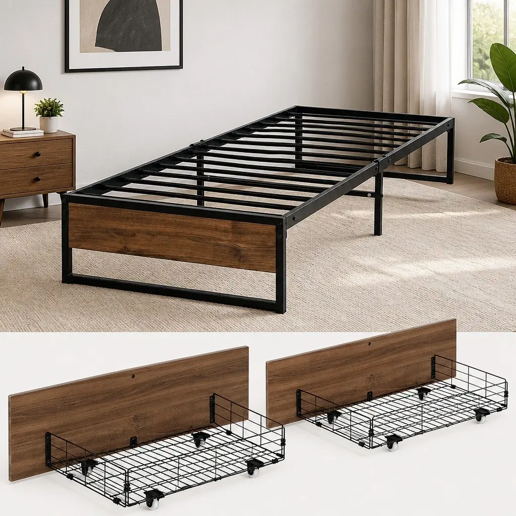 King Single Metal Bed Frame Powder-Coated Steel with Storage Drawers Black and Dark Wood Accents
