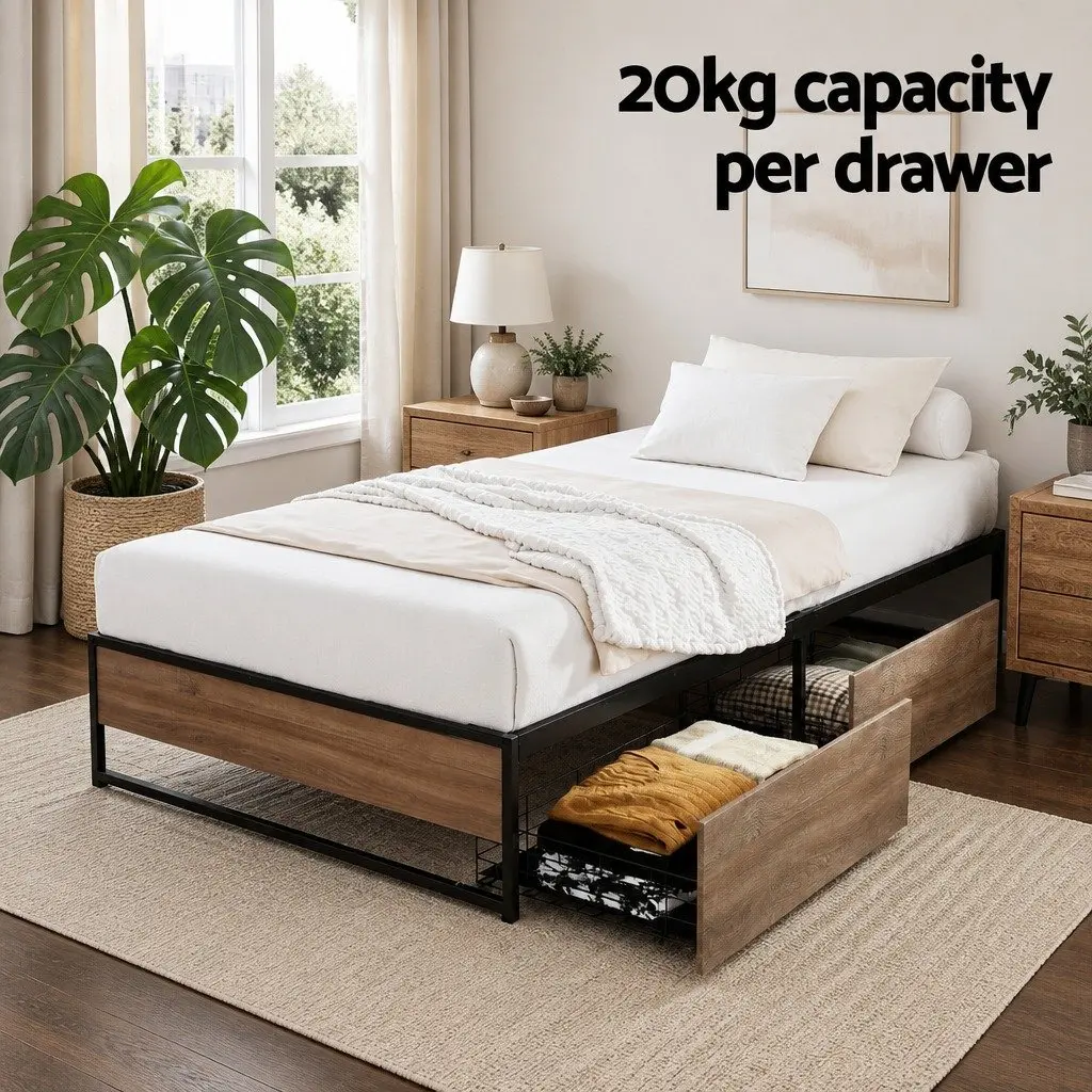 King Single Metal Bed Frame Powder-Coated Steel with Storage Drawers Black and Dark Wood Accents