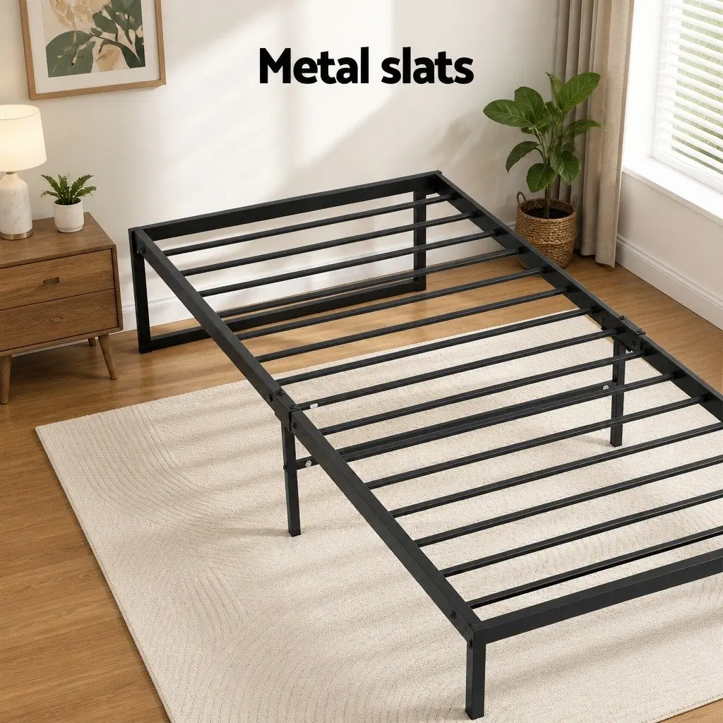 King Single Metal Bed Frame Powder-Coated Steel with Storage Drawers Black and Dark Wood Accents