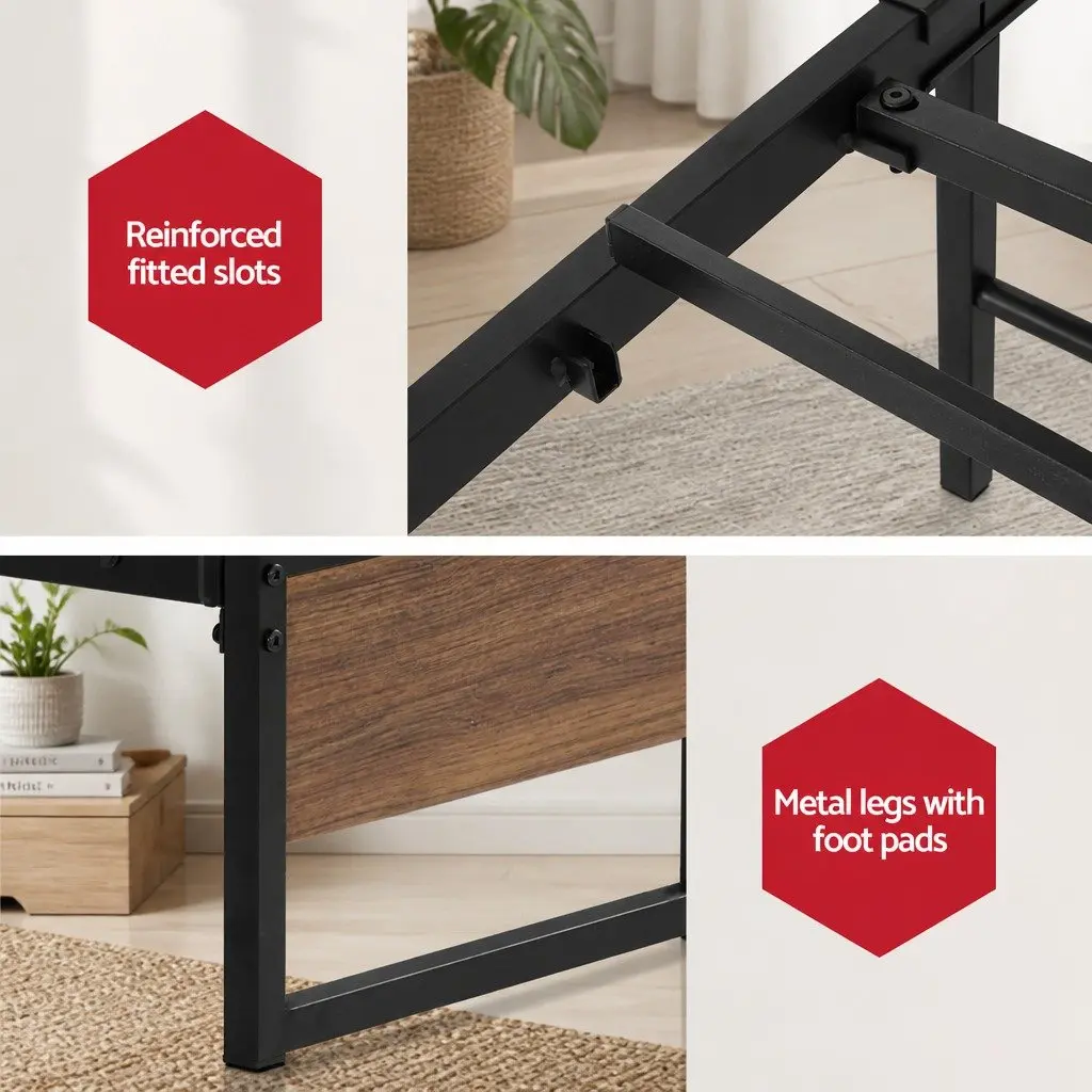 King Single Metal Bed Frame Powder-Coated Steel with Storage Drawers Black and Dark Wood Accents