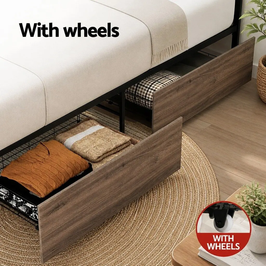 King Single Metal Bed Frame Powder-Coated Steel with Storage Drawers Black and Dark Wood Accents