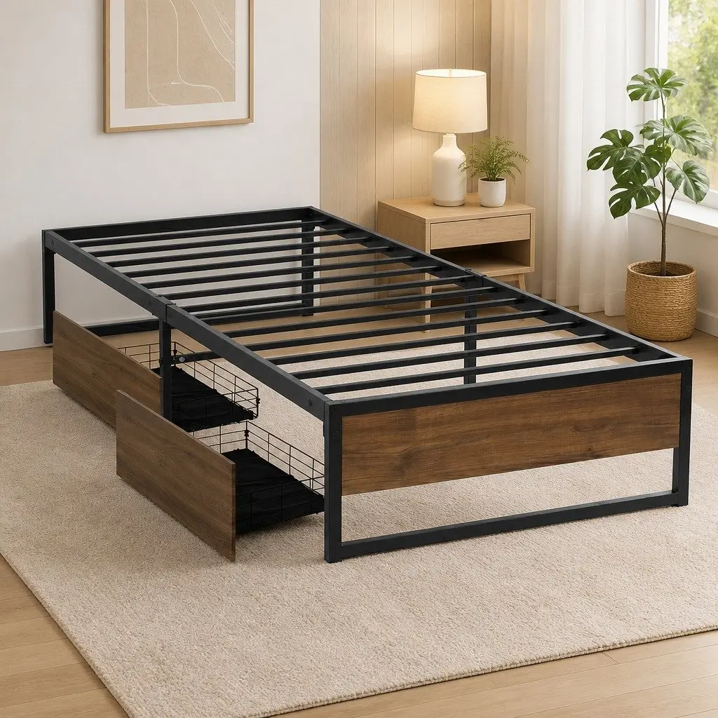 King Single Metal Bed Frame Powder-Coated Steel with Storage Drawers Black and Dark Wood Accents