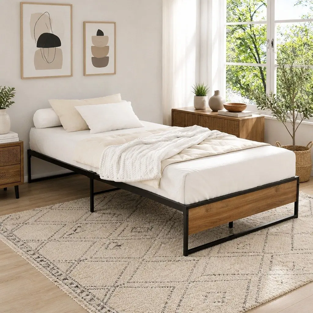 Metal Bed Frame King Single Industrial Design Steel MDF Black Bedroom Furniture