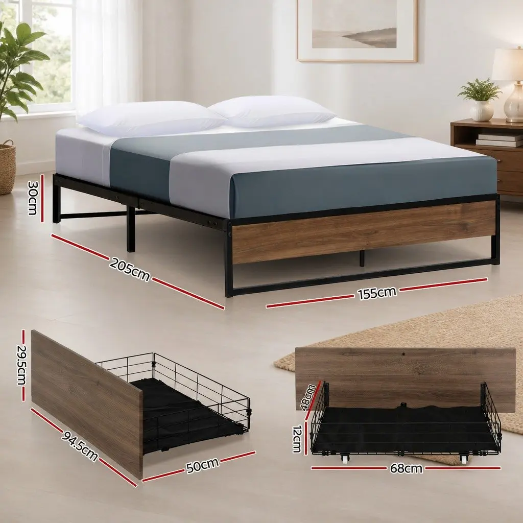 Queen Size Bed Frame with 2 Storage Drawers Metal Steel Base Industrial Design