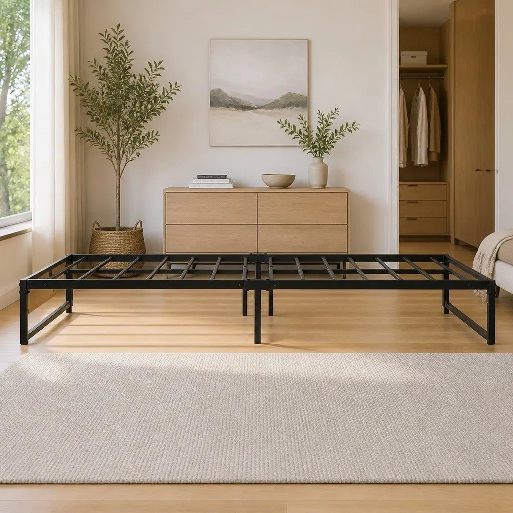 Queen Bed Frame Industrial Style Metal and MDF Black with Dark Wood Accents