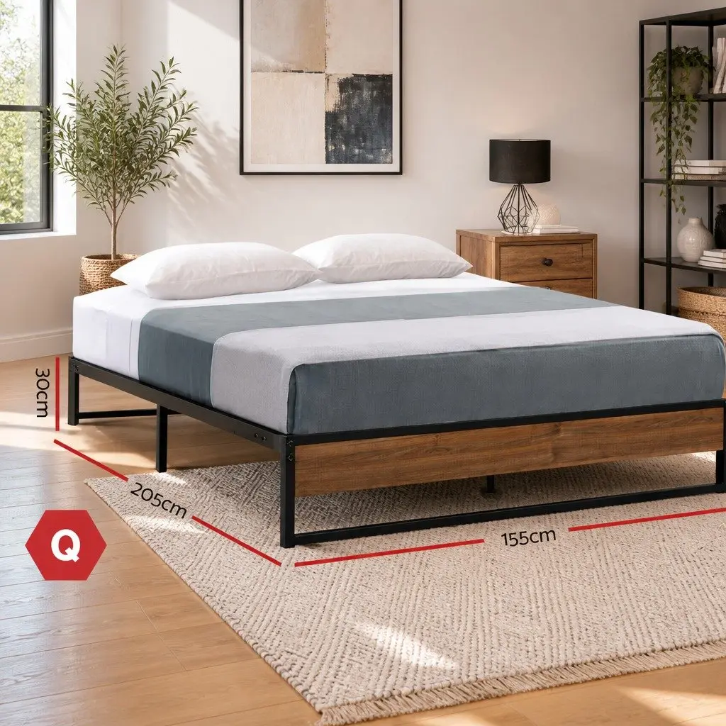 Queen Bed Frame Industrial Style Metal and MDF Black with Dark Wood Accents
