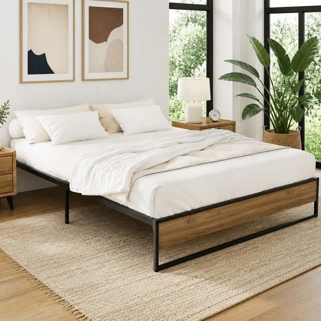 Queen Bed Frame Industrial Style Metal and MDF Black with Dark Wood Accents