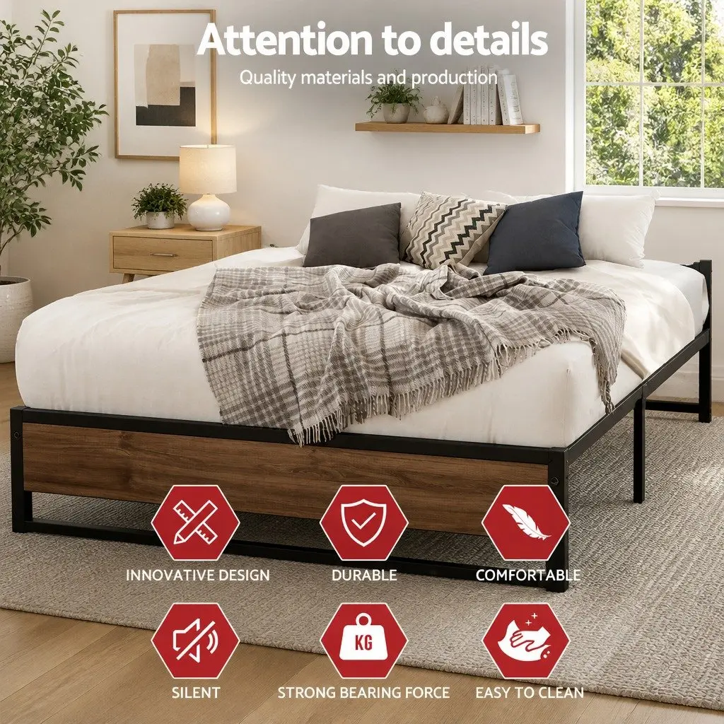 Queen Bed Frame Industrial Style Metal and MDF Black with Dark Wood Accents