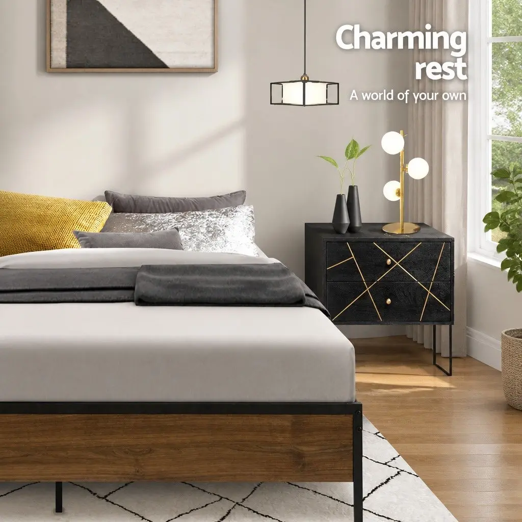 Queen Bed Frame Industrial Style Metal and MDF Black with Dark Wood Accents