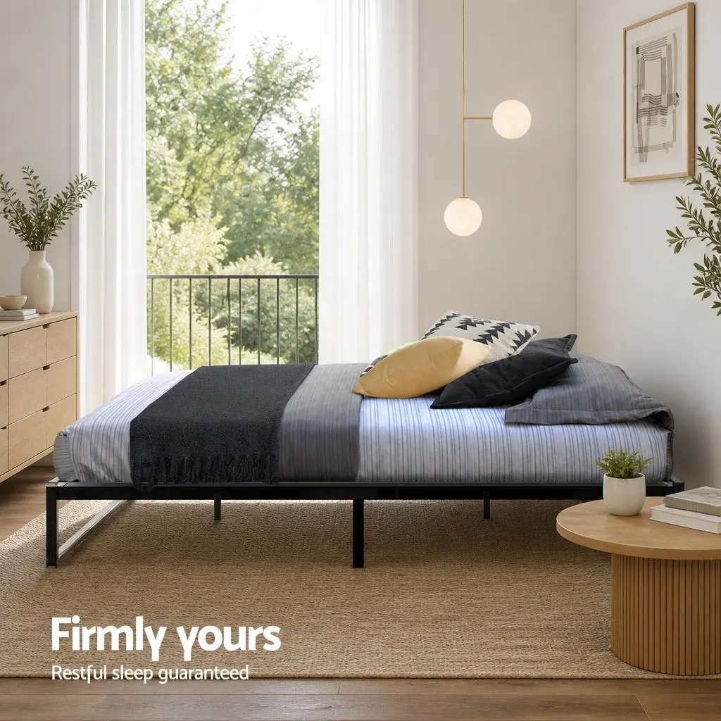 Queen Bed Frame Industrial Style Metal and MDF Black with Dark Wood Accents