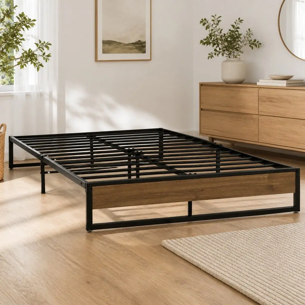 Queen Bed Frame Industrial Style Metal and MDF Black with Dark Wood Accents