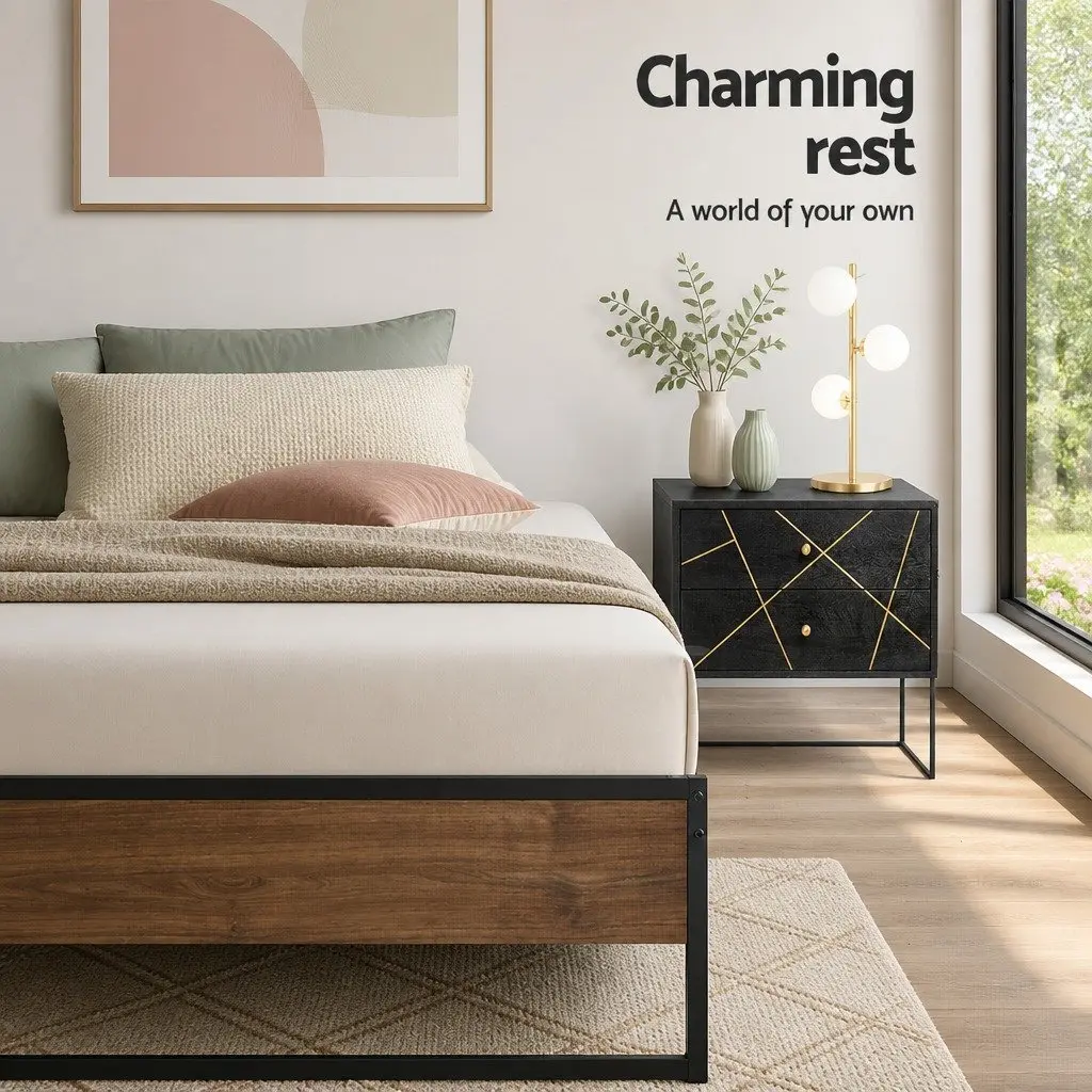 Single Metal Bed Frame Industrial Design Steel MDF Black Bedroom Furniture Base