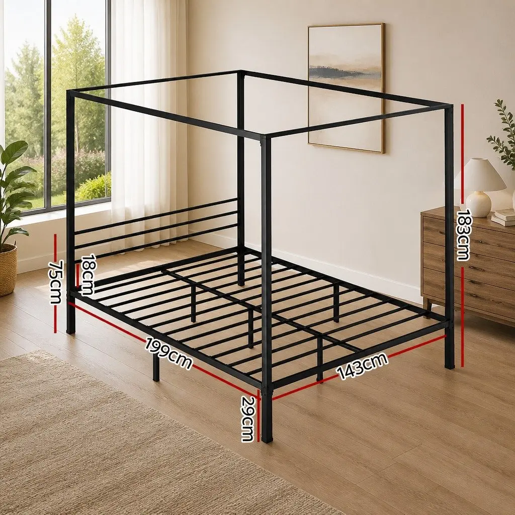 Double Size Four-Poster Canopy Bed Frame Black Steel Heavy-Duty Construction with Low-Profile Headboard and Underneath Storage Space