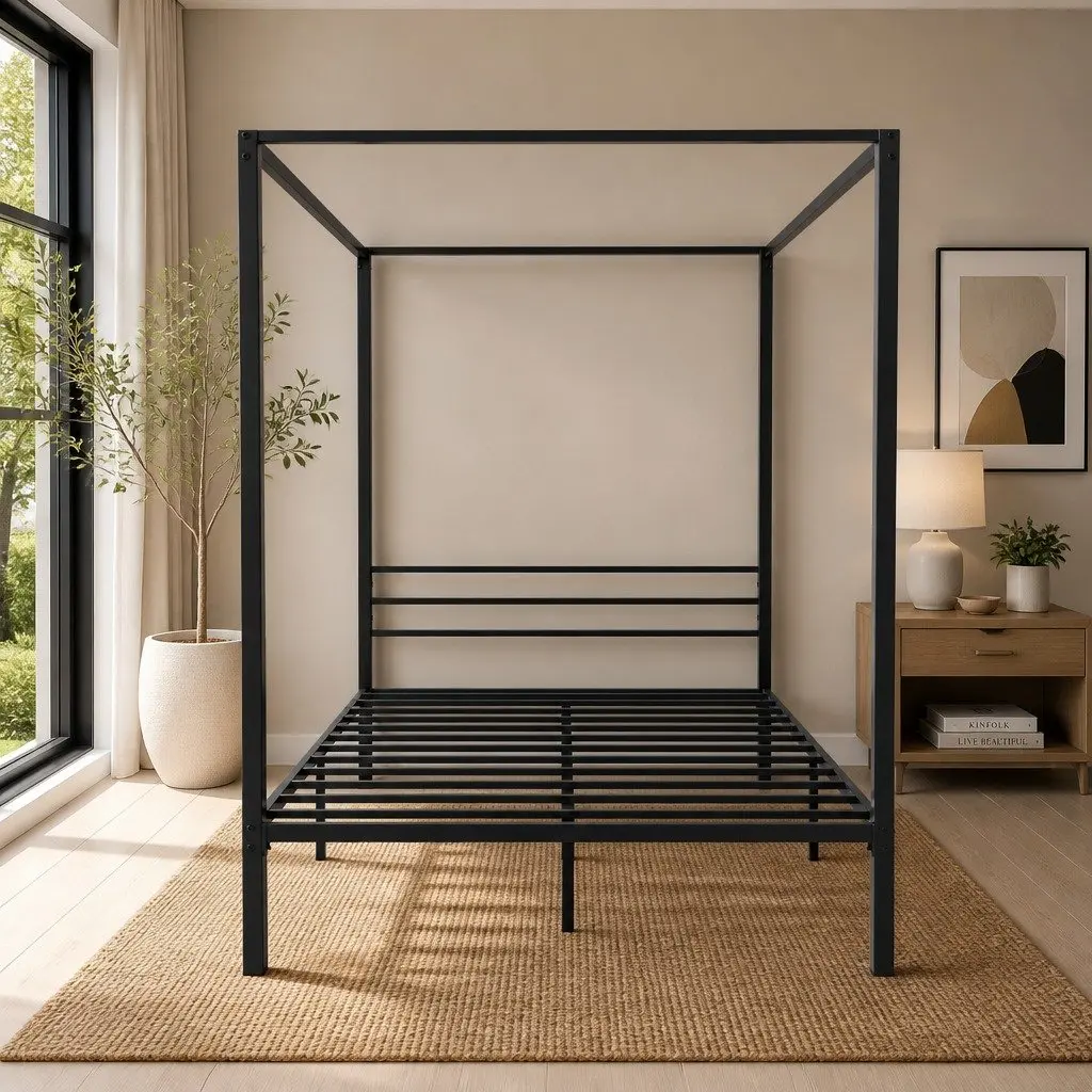 Double Size Four-Poster Canopy Bed Frame Black Steel Heavy-Duty Construction with Low-Profile Headboard and Underneath Storage Space