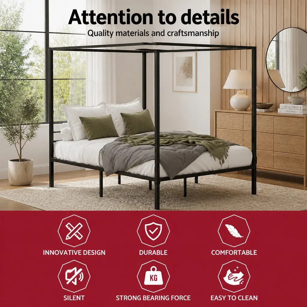 Double Size Four-Poster Canopy Bed Frame Black Steel Heavy-Duty Construction with Low-Profile Headboard and Underneath Storage Space