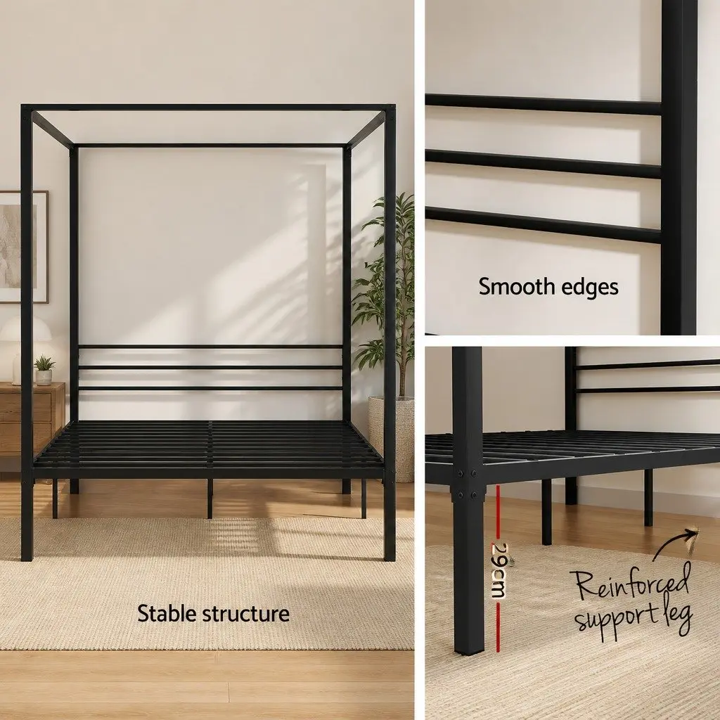 Double Size Four-Poster Canopy Bed Frame Black Steel Heavy-Duty Construction with Low-Profile Headboard and Underneath Storage Space