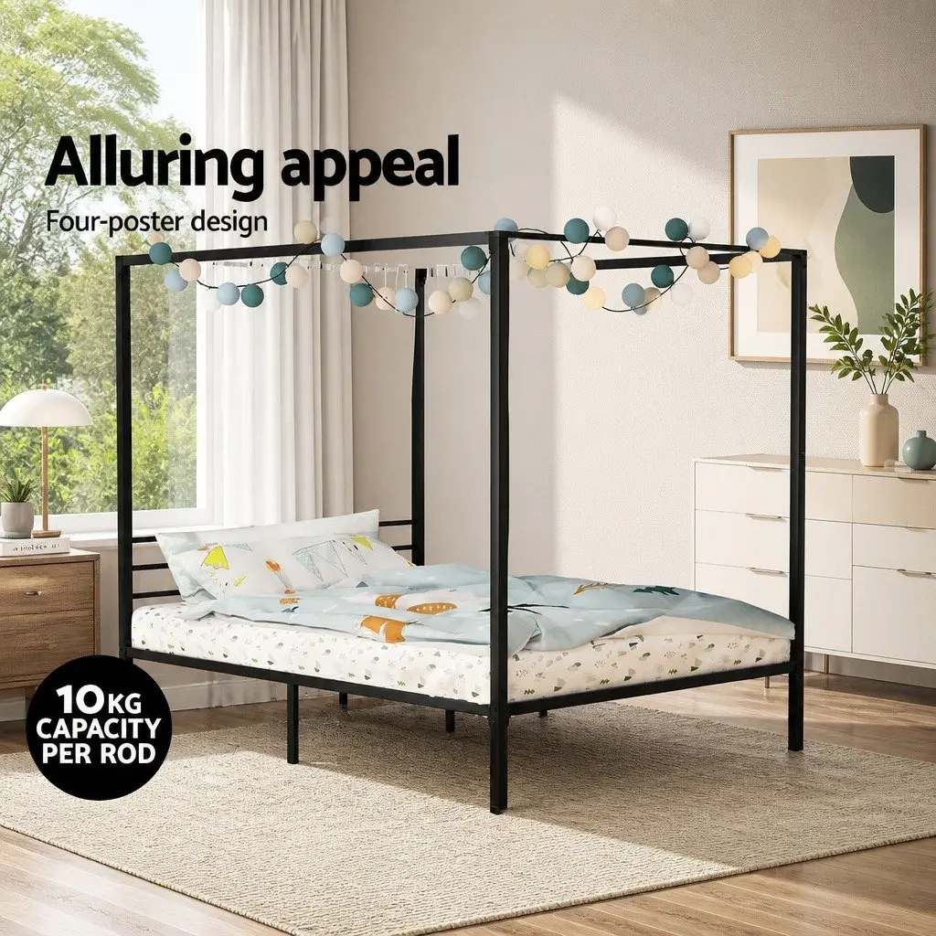 Double Size Four-Poster Canopy Bed Frame Black Steel Heavy-Duty Construction with Low-Profile Headboard and Underneath Storage Space