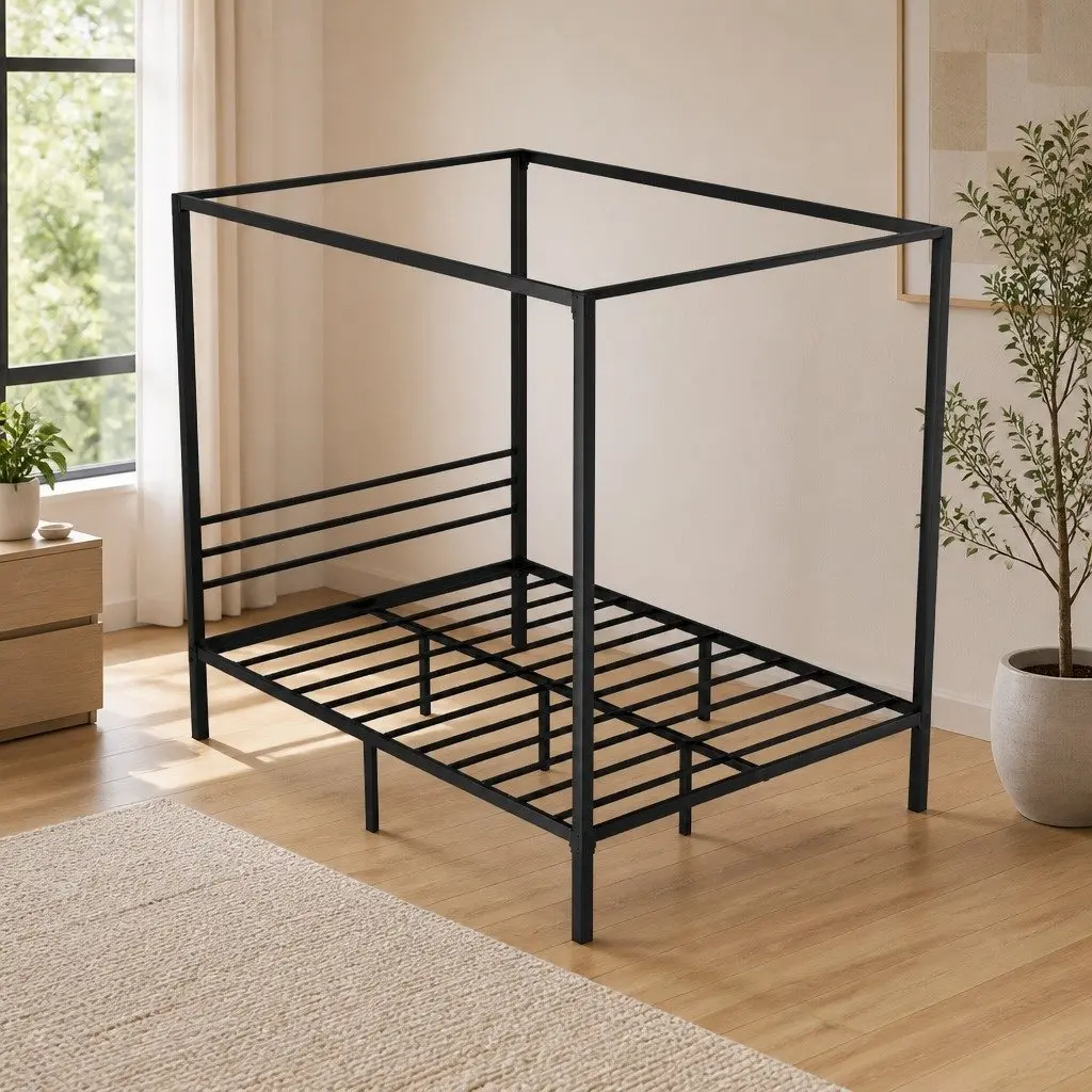 Double Size Four-Poster Canopy Bed Frame Black Steel Heavy-Duty Construction with Low-Profile Headboard and Underneath Storage Space