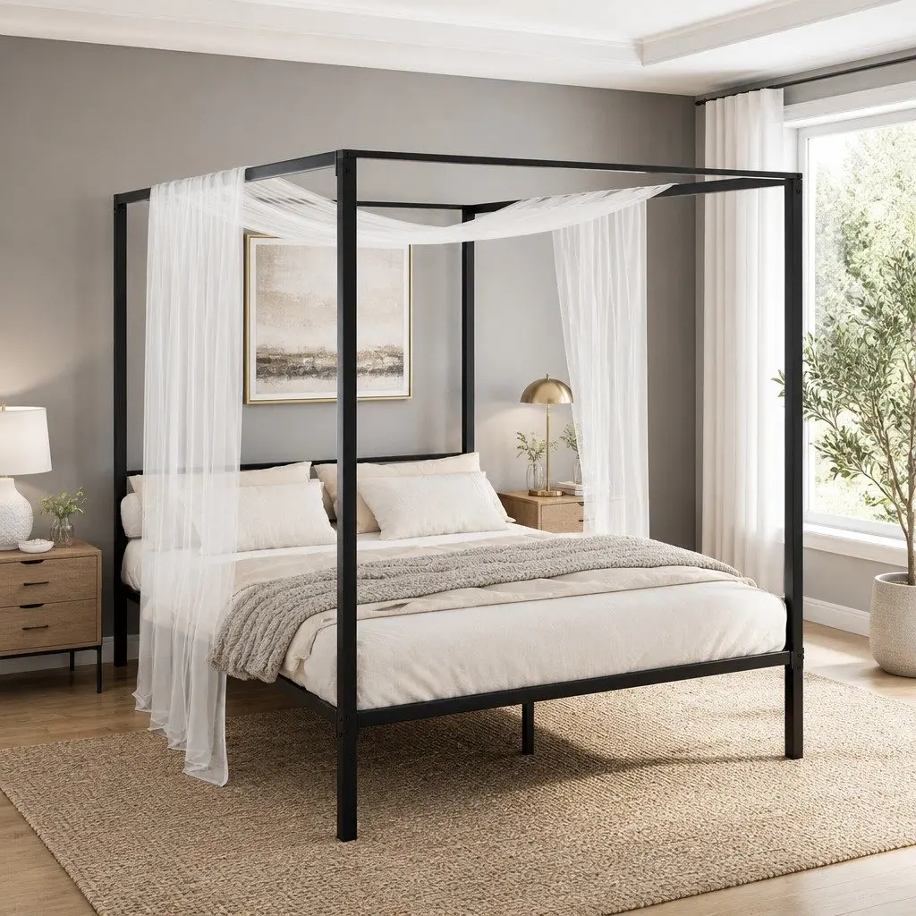 Queen Bed Frame Metal Four-Poster Canopy Black Steel Contemporary Bedroom
