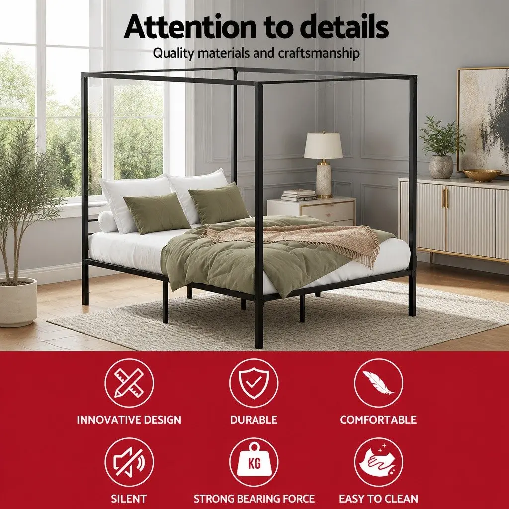 Queen Bed Frame Metal Four-Poster Canopy Black Steel Contemporary Bedroom