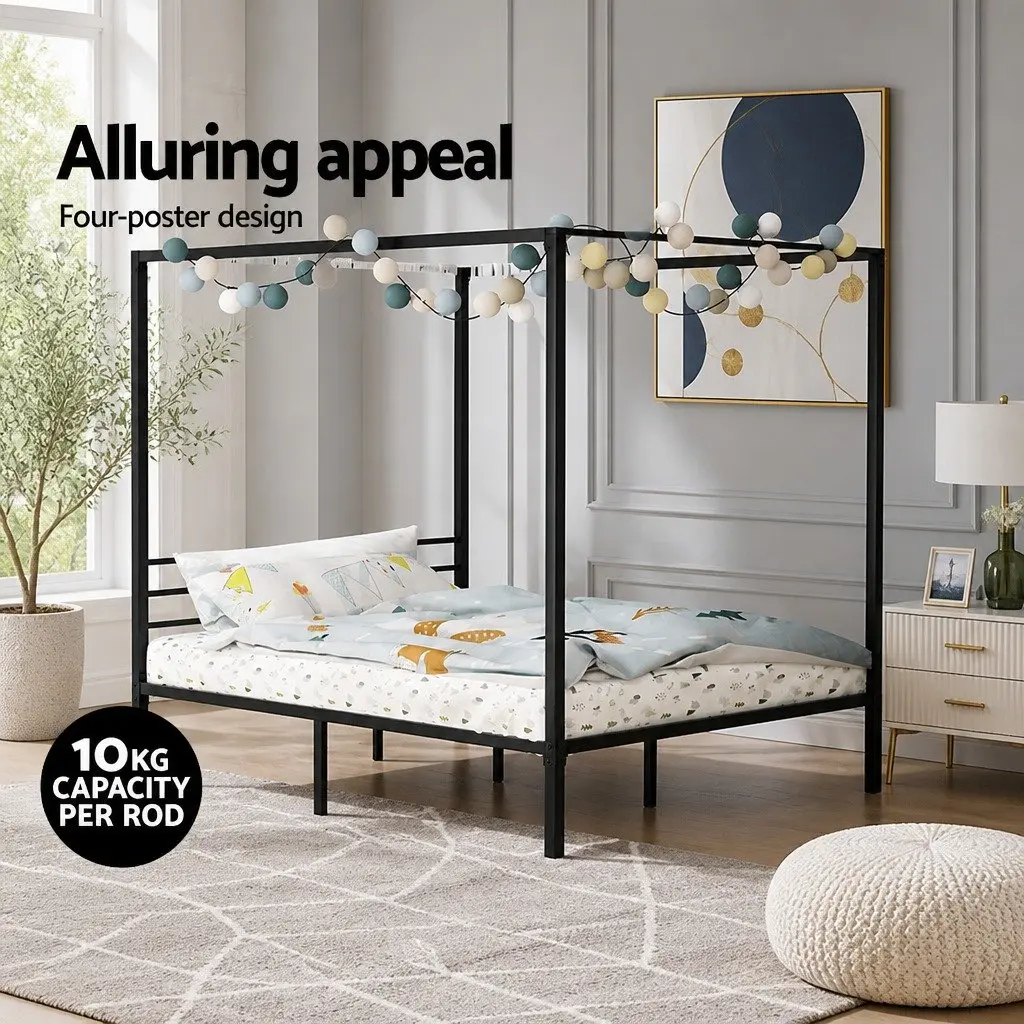 Queen Bed Frame Metal Four-Poster Canopy Black Steel Contemporary Bedroom