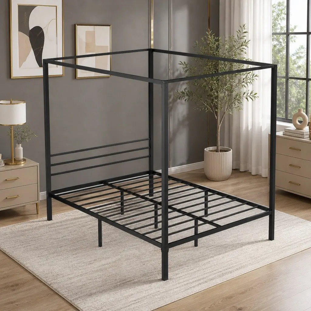 Queen Bed Frame Metal Four-Poster Canopy Black Steel Contemporary Bedroom