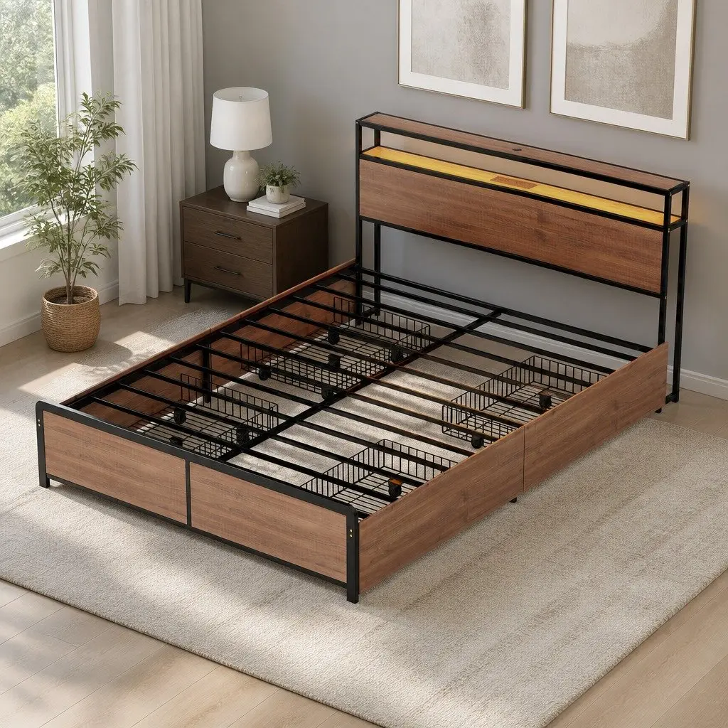Metal Double Bed Frame with LED Headboard in Black featuring USB Charging and 4 Storage Drawers for Double-Sized Mattress