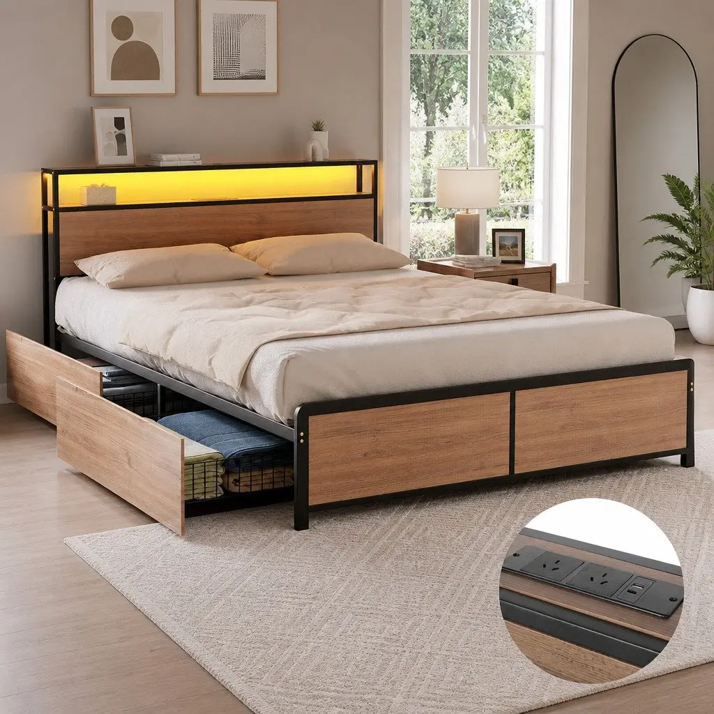 Metal Double Bed Frame with LED Headboard in Black featuring USB Charging and 4 Storage Drawers for Double-Sized Mattress